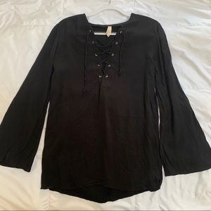 Elan black crepe lace up tunic top